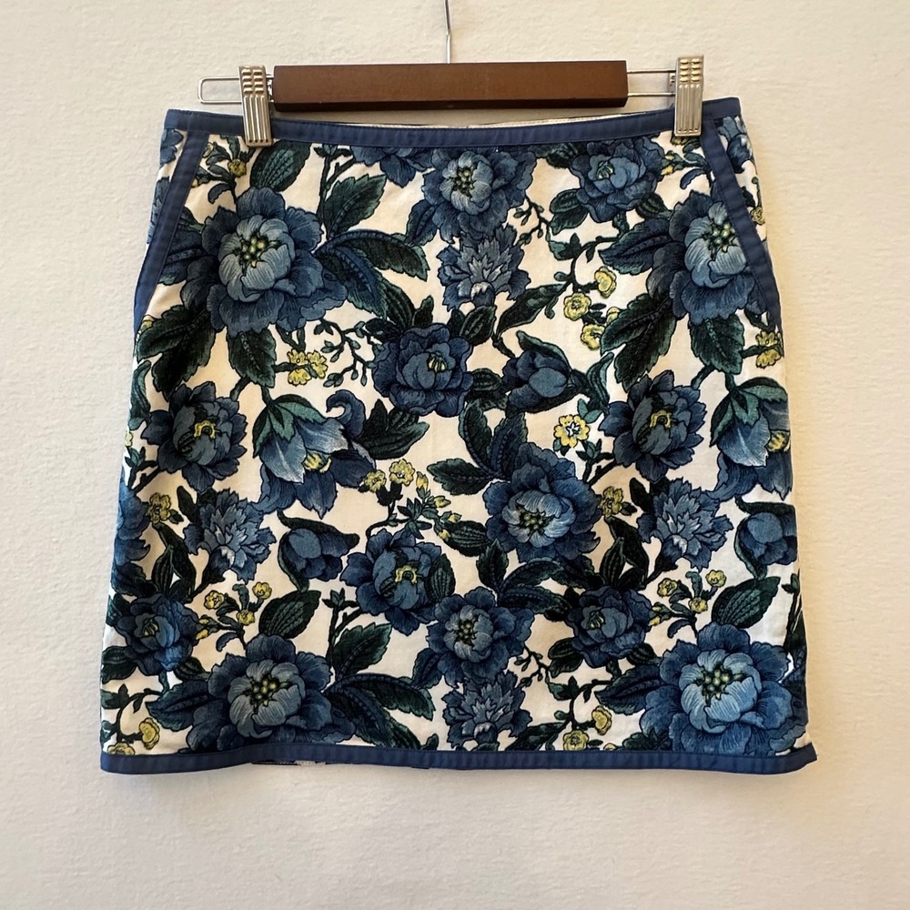 Loft Petites Blue Floral Cotton Mini Skirt Size 6P Pockets A-Line Lined